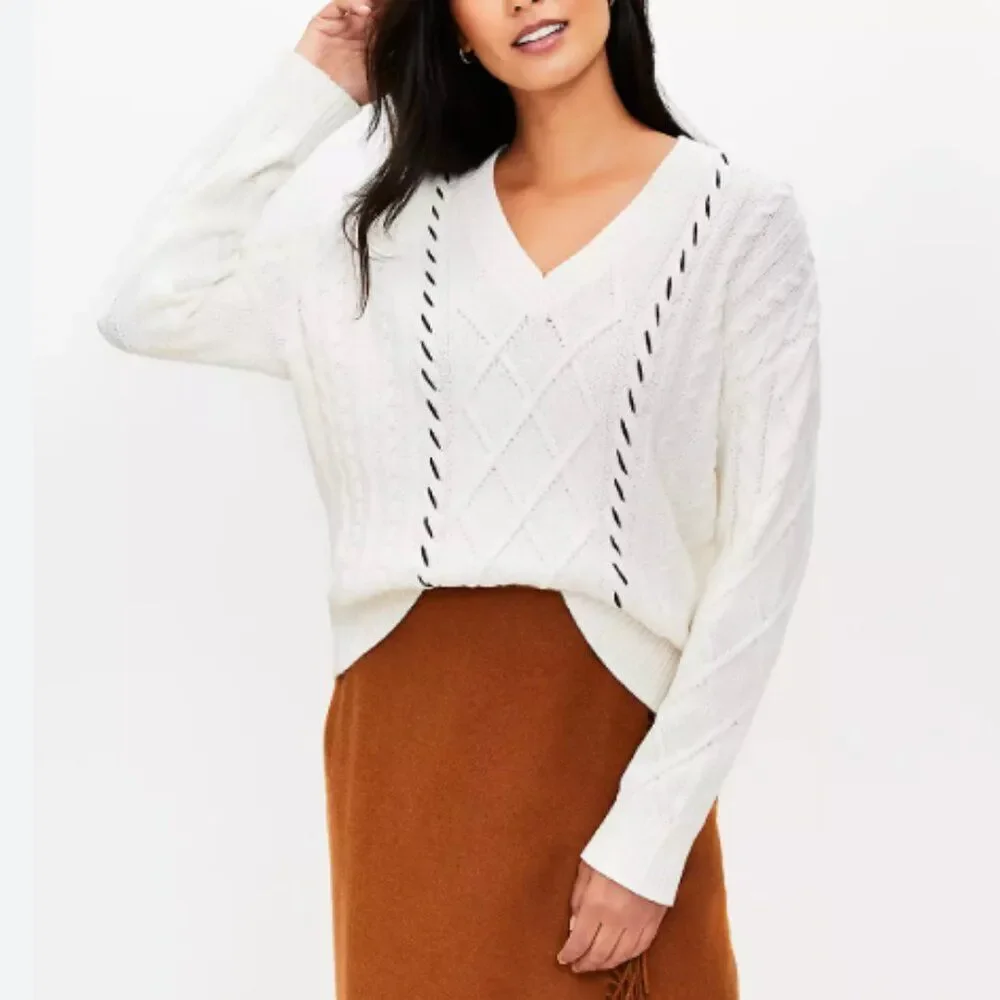 Women LOFT Stitched V-Neck Cable Sweater Casual Fit in Cream Size Large
